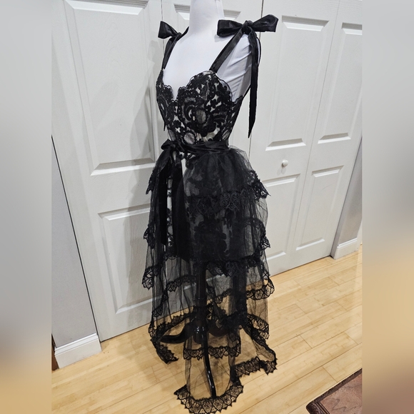 Dolls Kill Unholy Kindred Spirits Black White Lace Mini DressTiered Tulle Skirt - Picture 16 of 16